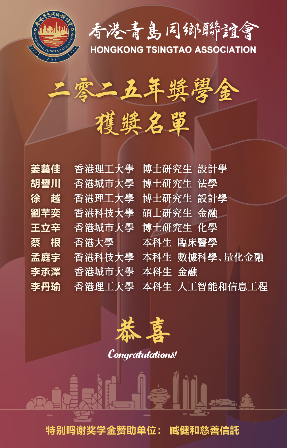 學子風采 築夢前行｜喜報：2025年香港青島同鄉聯誼會獎學金獲獎名單正式公佈